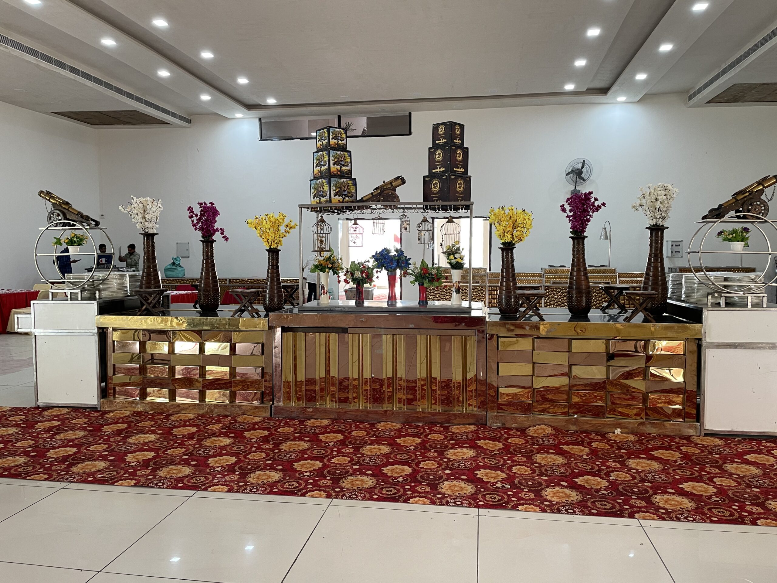 Elegant food spread and banquet setup at SD Farm Dhand
