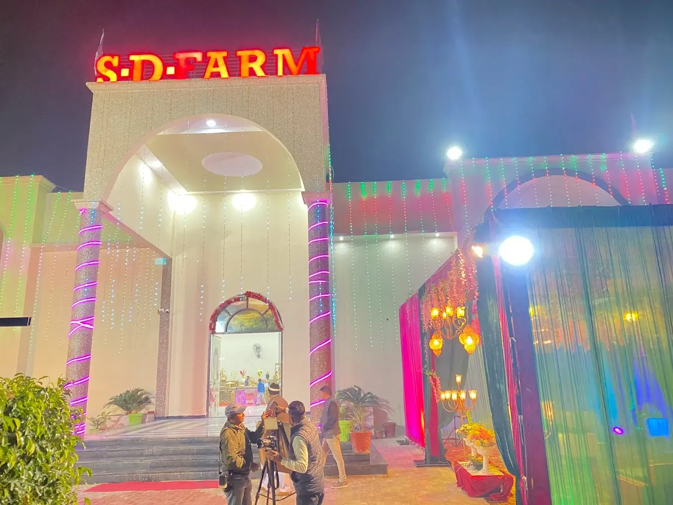 Beautiful night lighting and ambiance at SD Farm Dhand event venue Dhand